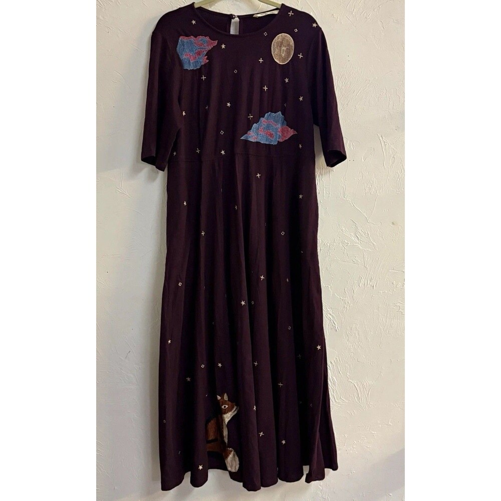 Wayward Fancies Purple Embroidered Fox Star Maxi Dress 3/4 Sleeve Knit L